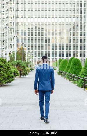 Vista posteriore di un imprenditore africano americano adulto fiducioso elegante tuta blu con laccio che si affaccia mentre ci si trova in piedi sfondo urbano sfocato Foto Stock