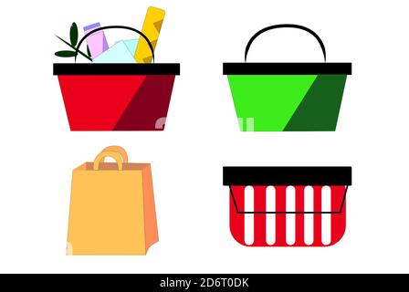 Un insieme di cestini di shopping. Su sfondo bianco Illustrazione Vettoriale