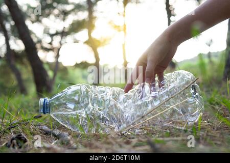 Vista laterale del raccolto anonimo femmina volontario raccolta bottiglia di plastica in legno mentre pulendo l'ambiente naturale dai rifiuti Foto Stock