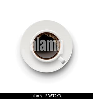 Tazza di caffè sul piatto. Caffeina calda nella vista dall'alto della tazza. Mattina colazione relax illustrazione vettoriale. Bevanda aromatica su sfondo bianco Illustrazione Vettoriale