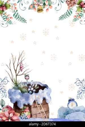 Scena di Natale con cute House e una grande borsa regalo nel camino su una scala biglietto di benvenuto. Illustrazione acquerello Foto Stock