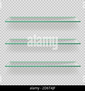 Ripiani vuoti in vetro su sfondo trasparente. Pannello rettangolare moderno e realistico, superficie con ombra. Illustrazione vettoriale dell'elemento dell'interfaccia del progetto Illustrazione Vettoriale