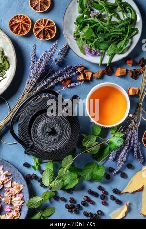 Tè alle erbe, naturale, organico e sano. Un colpo di testa di una tazza di tè con una pentola da tè e un assortimento di ingredienti, erbe, frutta e fiori Foto Stock