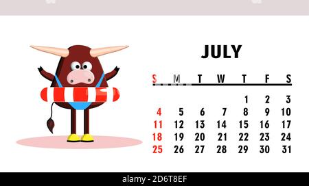 Calendario pagina 2021. Calendario orizzontale con tori o buoi. Bue carattere. Luglio. Foto Stock
