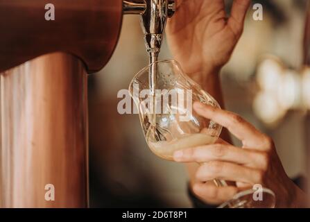 Coltivare il barkeeper anonimo versando birra alcolica fredda dal rubinetto in calice di vetro mentre si lavora in pub Foto Stock