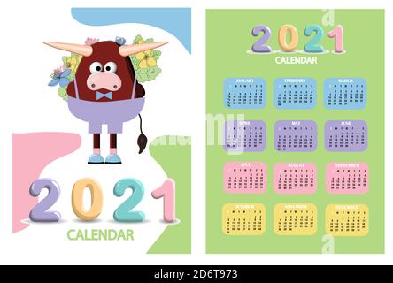 toro, calendario dei toro bianchi o pianificatore A4 per 2021 con cartoon ox, toro o mucca, simbolo del nuovo anno, personaggi carini - copertina e 12 pagine mensili. Settimana Foto Stock