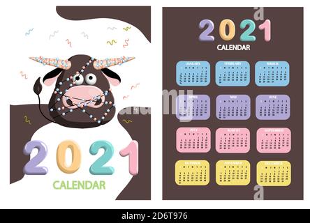 toro, calendario dei toro bianchi o pianificatore A4 per il 2021 con cartoon kawaii, toro o mucca, bue simbolo di Capodanno. Foto Stock