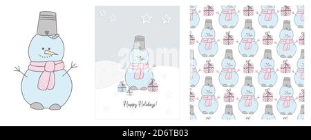 Simpatico pupazzo di neve in un'illustrazione della sciarpa. Carte invernali disegnate a mano e modello senza cuciture. Neve. 2021. Buone vacanze. Natale e Capodanno. Foto Stock