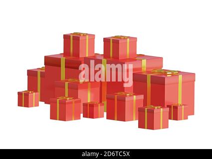 scatole regalo rosse isolate su sfondo bianco, illustrazione 3d Foto Stock