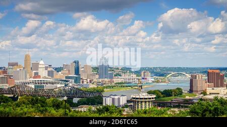 Vista panoramica dello skyline del centro di Cincinnati e dei ponti Fiume Ohio Foto Stock