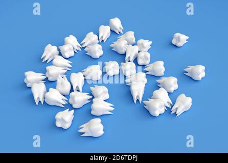 molti denti molari bianchi su sfondo blu. illustrazione 3d Foto Stock