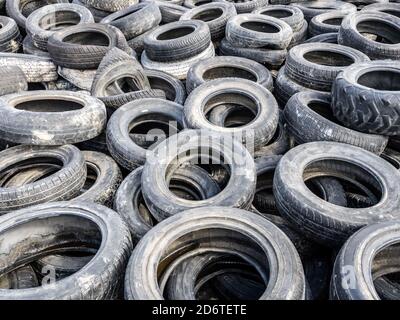 Cumulo di pneumatici di grandi dimensioni, scarico di rifiuti illegale. Foto Stock
