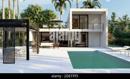 Esterno di casa villa contemporanea con piscina e confortevole area ricreativa circondata da verdi alberi tropicali Foto Stock