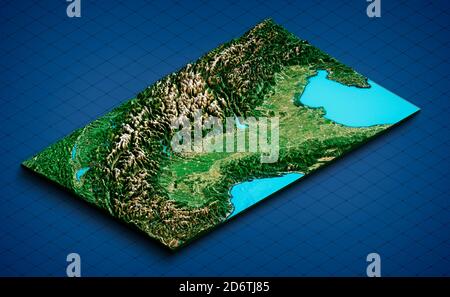 Arco Alpino Italiano e Nord Italia, vista satellitare. Vista aerea del nord della penisola. Montagne, laghi e pianure. Mappa fisica. Foto Stock