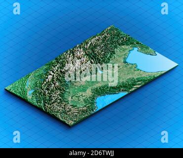 Arco Alpino Italiano e Nord Italia, vista satellitare. Vista aerea del nord della penisola. Montagne, laghi e pianure. Mappa fisica. Foto Stock