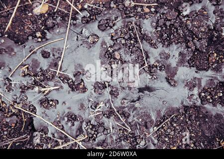 Consistenza di catrame su terra di spreco con le forme di acqua Foto Stock