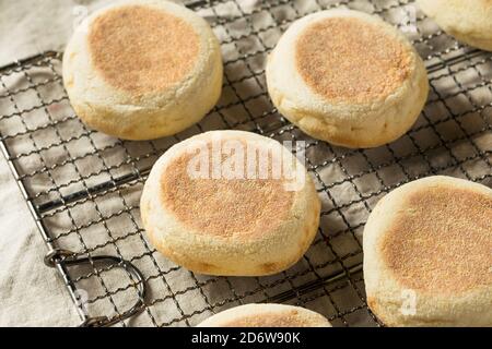 Muffin inglesi tostati fatti in casa con una linguetta di burro Foto Stock