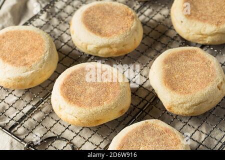 Muffin inglesi tostati fatti in casa con una linguetta di burro Foto Stock