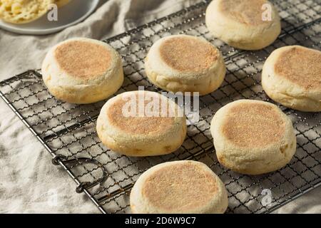 Muffin inglesi tostati fatti in casa con una linguetta di burro Foto Stock