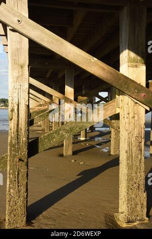 Pali e supporti in legno sotto il ponte Powder Point. Foto Stock