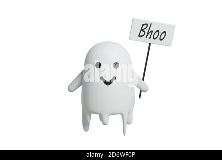 Divertente amichevole fantasma volare su sfondo bianco isolato, rendering 3d di Halloween carino personaggio. Foto Stock