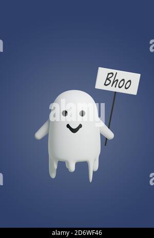 Divertente amichevole fantasma volare su sfondo bianco isolato, rendering 3d di Halloween carino personaggio. Foto Stock