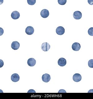 Polka dot blu navy indaco motivo senza cuciture acquerello. Cerchi astratti di colore acquerello su sfondo bianco. Texture rotonda disegnata a mano. Stampa Foto Stock