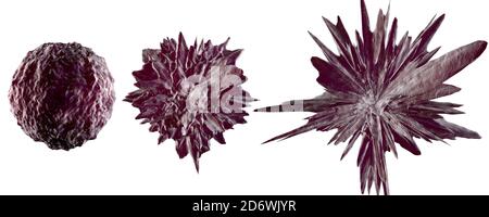 Rappresentazione 3D delle fasi microscopiche di una cellula tumorale mutante isolata su bianco. Foto Stock