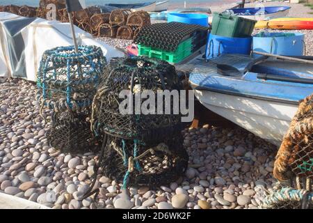 Pentole di aragosta/granchio, Budleigh Salterton, East Devon, Inghilterra, Regno Unito Foto Stock