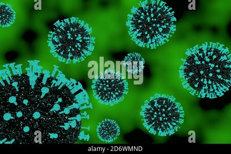 rendering 3d di cellule di coronavirus fluttuanti in uno sfondo verde e nero. Foto Stock