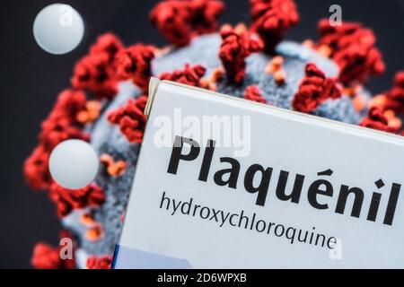 Molecola di idrossiclorochina (Plaquénil ®), un farmaco utilizzato negli studi clinici per trovare trattamenti per Covid 19. Foto Stock