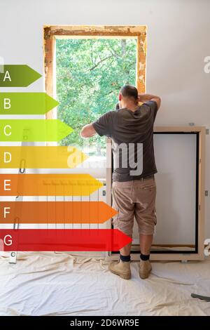 Sostituzione di una finestra ed etichetta di efficienza energetica. Foto Stock