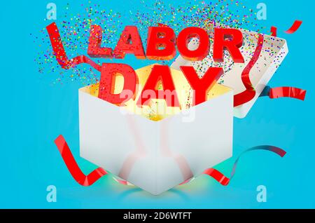 Testo del Labor Day all'interno della confezione regalo. Rendering 3D su sfondo blu Foto Stock