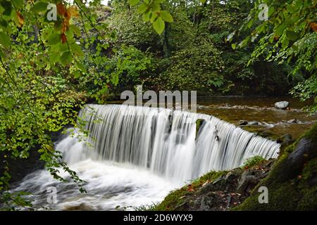 Una cascata artificiale in un'area boschiva lungo il sentiero per Stock Ghyll Force Waterfall vicino Ambleside nel Lake District National Park, Inghilterra. Foto Stock