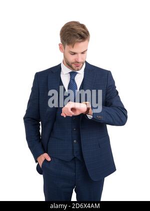 Che tempo ha. Orologio di controllo Business Manager isolato su bianco. Gestione del tempo. Osservare la puntualità. Precisione di temporizzazione. Mantenere attività e progetti in pista. Scadenza riunione. Gestione della pianificazione. Foto Stock