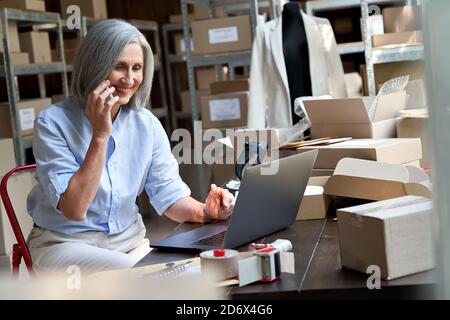 Il proprietario di affari di dropshipping femminile usando il laptop che parla sul telefono al lavoro. Foto Stock