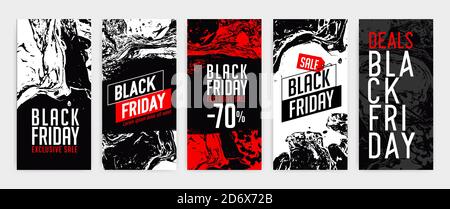 Modelli di banner per il black friday. Banner promozionale, offerta, vendita. Modelli per storie di social media, volantini, poster. Colore nero, rosso e bianco. Blac Illustrazione Vettoriale