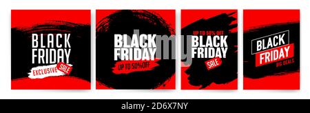 Modelli di banner per il black friday. Banner promozionale, offerta, vendita. Modelli per banner Web, volantini, poster. Colore nero, rosso e bianco. Black Friday Illustrazione Vettoriale