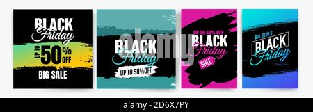 Modelli di banner per il black friday. Banner promozionale, offerta, vendita. Modelli per banner Web, volantini, poster. Sfondo e testo colorati. Frida nero Illustrazione Vettoriale