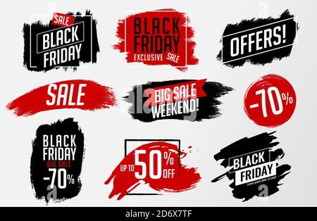 Tratti di pennello vettoriale di sfondo per i disegni di Black Friday. Testo in primo piano del venerdì nero. Per la promozione in pubblicità, banner, brochure, poster, co Illustrazione Vettoriale