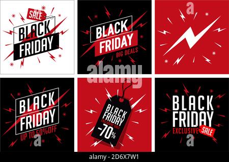 Set di banner di design con testo NERO VENERDÌ. Design per banner Web, volantini, poster, biglietti promozionali, coupon. Design accattivante e accattivante. Nero Illustrazione Vettoriale