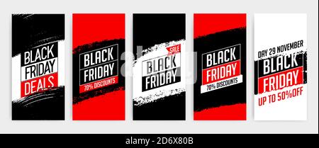 Modelli di banner per il black friday. Banner promozionale, offerta, vendita. Modelli per storie di social media, volantini, poster. Colore nero, rosso e bianco. Blac Illustrazione Vettoriale