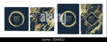 Set di modelli di design con sfondo a trama dorata e tratti dorati. Effetto lusso, eleganza, esclusivo, premium, VIP. Invito al matrimonio, eventi, Illustrazione Vettoriale