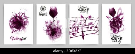 Set con sfondi a tratti e macchie di vino rosso. Simboli di musica artistica con spot. Illustrazione artistica del bicchiere di vino. Poster, brochure, striscioni, con Illustrazione Vettoriale