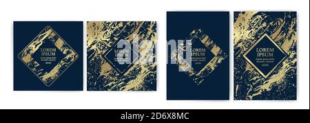 Set di modelli di design con texture dorata, effetto marmo. Sfondo blu e dorato con un look di lusso. Adatto per inviti di nozze, compleanno Illustrazione Vettoriale