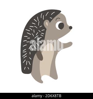 Carino cartoon in piedi hedgehog. Semplice carattere boschivo isolato su sfondo bianco. Illustrazione vettoriale. Illustrazione Vettoriale