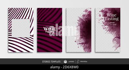Modelli modificabili per le storie dei social media. Post, storia. Macchie di vino rosso da combinare con le foto. Posizionare per la foto e il testo. Idea di broccia Illustrazione Vettoriale