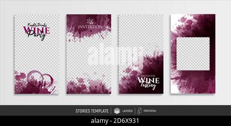 Modelli modificabili per le storie dei social media. Post, storia. Macchie di vino rosso da combinare con le foto. Posizionare per la foto e il testo. Idea di broccia Illustrazione Vettoriale