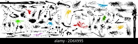 Ampia raccolta di macchie e schizzi di inchiostro. Dipinto a mano con pennello. Gocce, liquido versato. Tratti artistici. Illustrazione vettoriale Illustrazione Vettoriale