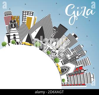 Giza Egypt City Skyline con edifici grigi, Blue Sky e Copy Space. Illustrazione vettoriale. Illustrazione Vettoriale